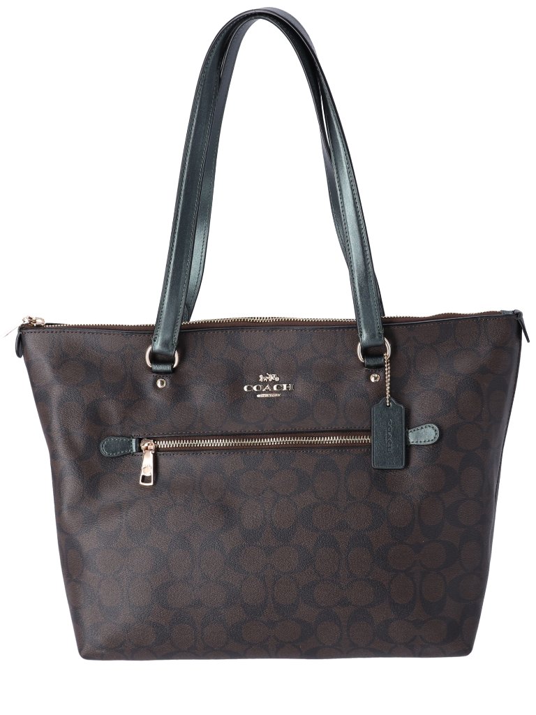 Coach Gallery Tote Coated Canvas Signature Brown Metallic Green